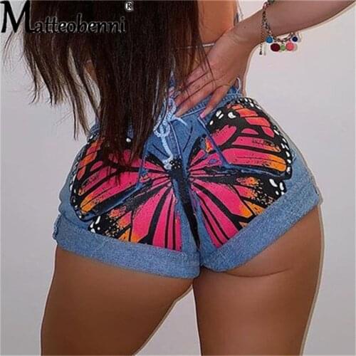 2021 Summer Women Butterfly Printed Denim Shorts Ladies Fashion Vintage Casual Streetwear Elasticity Skinny Sexy Short Jeans