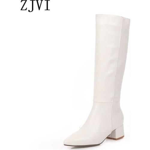 ZJVI 2020 Women Square Heels Thigh High Knee High Boots Woman Pointed Toe Winter Autumn Ladies Boots For Girls Shoes