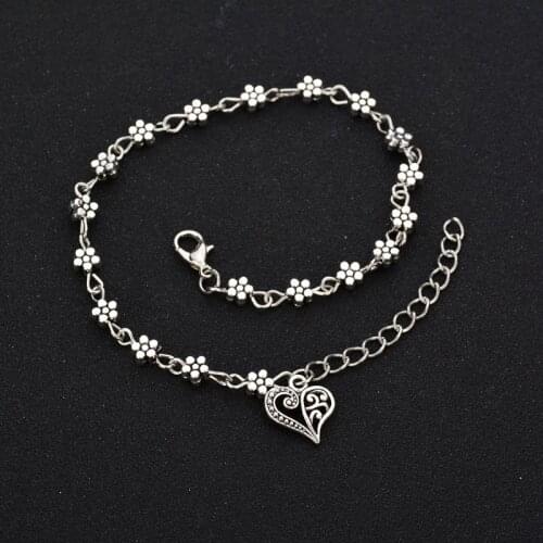Womens Vintage Heart Flower Barefoot Sandals Beach Anklet Tassel Chain Foot Jewelry Bracelet on Leg Bracelet Ankle Jewelry
