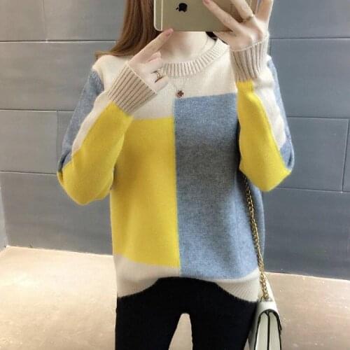 Korean O-Neck Long Sleeve Woman Sweaters Autumn Harajuku Colorblock Pullover Knitted Sweater Loose Plus Size Ladies Tops H349