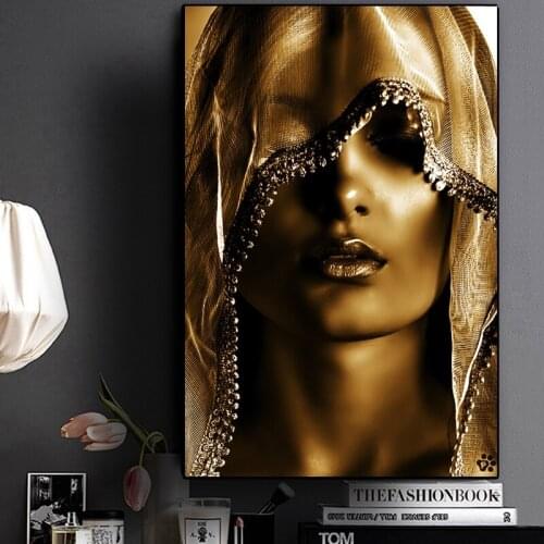 100x140cm Golden Makeup Women Canvas Paintings Posters and Print Wall Art Pictures Scandinavian Cuadros for Living Room Decor