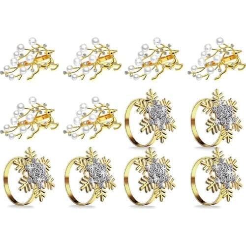 12 Pieces Christmas Napkin Rings Snowflake and Deer with Pearl Napkin Holder Rings for Christmas Holiday Dinner Wedding