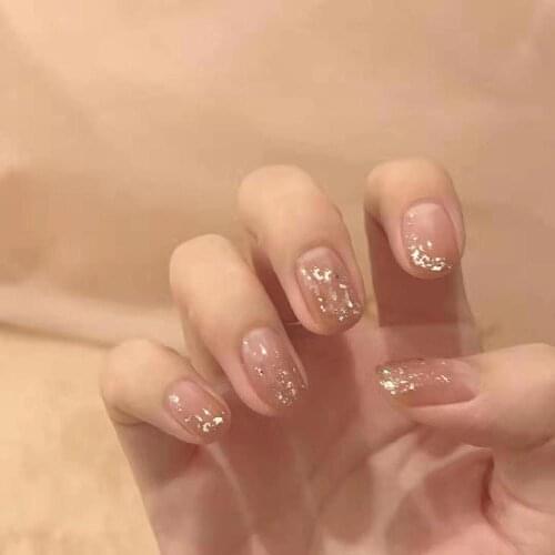 24pcs fake nails with glitter Milk tea gold foil Gradual change False nail Detachable evil Manicure TN