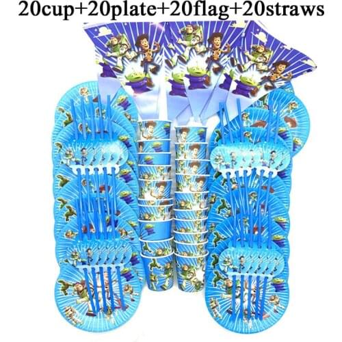 80PCS Disney Toy Story Theme Disposable Tableware Sets Plate Cup Banner Birthday Plastic Straws Baby Shower Party Decor Supplies