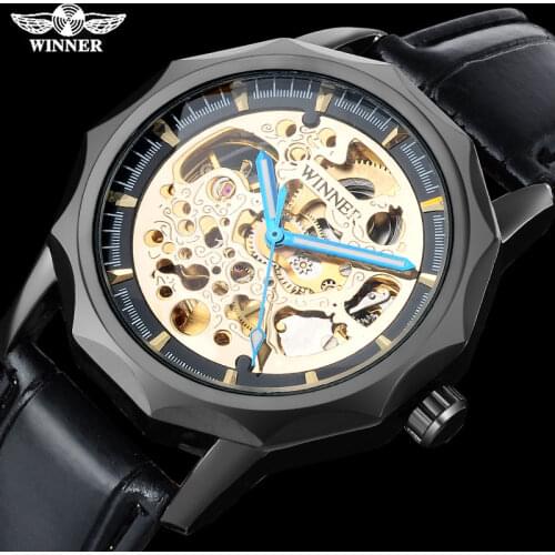WINNER fashion brand men mechanical watches leather strap mens automatic skeleton black watches male wristwatches reloj hombre