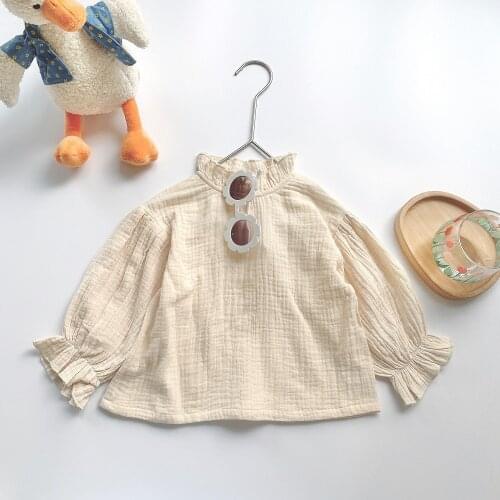 Childrens Shirt 2021 Spring and Autumn Korean Style Lace Stand-up Collar Bottoming Shirt Korean Loose Cute Solid Blouse Top Tee
