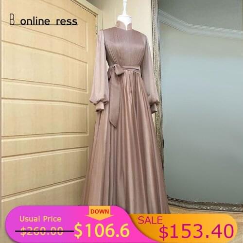 Brown Moroccan Evening Dresses High Collar Formal Gown Arab Dubai Muslim Long Pleated Kaftan Prom Dress Bow Tie Party Dresses