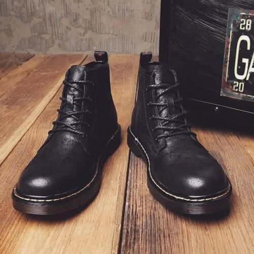 Mens boots leather autumn leather shoes mens high-top lace-up motorcycle boots winter boots plush fur warm snow boots