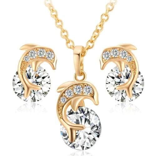 Lovely Dolphin Jewelry Set Yellow Gold Filled Shiny Clear Zirconia Animal Pendant Necklace Earrings for Girls / Womens