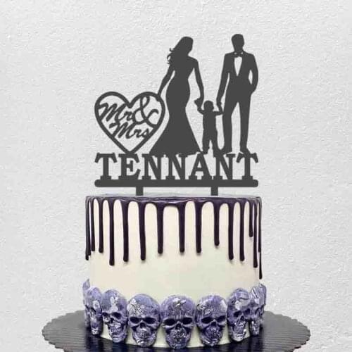 Personalized Mr Mrs Name Bride Groom and Child Family of Three Silhouettes Wedding Anniversary Party Cake Decoration Topper