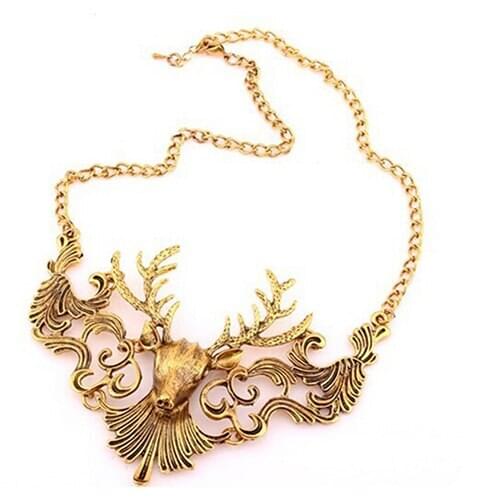 Retro European Antique Gold Color Deer Head Pendant Necklace Sweater Chain