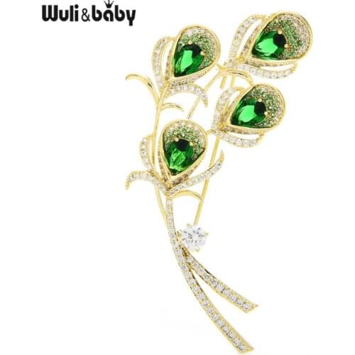 Wuli&baby Luxury Feather Brooches Women Men 2-color Cubic Zirconia Flower Weddings Office Brooch Pins Gifts
