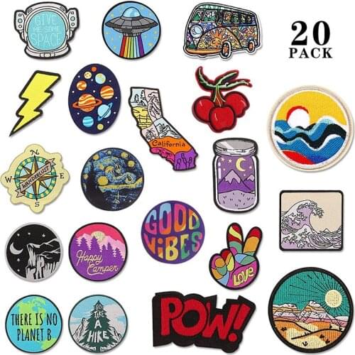 Bus Car/Cherry/Waves Embroidery Iron On Transfers For Clothes Washable Clothing Patches Exquisite Embroidery Stickers 20 Pieces