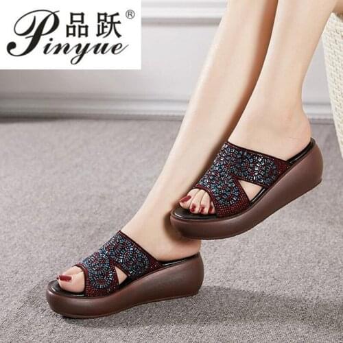 Size 35--40 Genuine Leather Slippers Womens Shoes Summer Platform Sandals Rhinestone Casual Wedges Slippers Slides