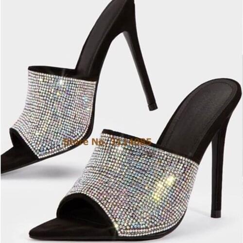 Young Ladies Bling Bling Silver Crystal Stiletto Heels Slippers Open Toe Rhinestone Dress Shoes Wedding Pumps Nightclub Shoes