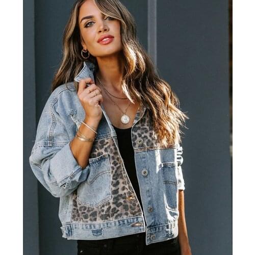 Ladies Fashion Leopard Print Stitching Large Size Denim Jacket Ladies Retro Long Sleeve Jacket Fashion Chic Top