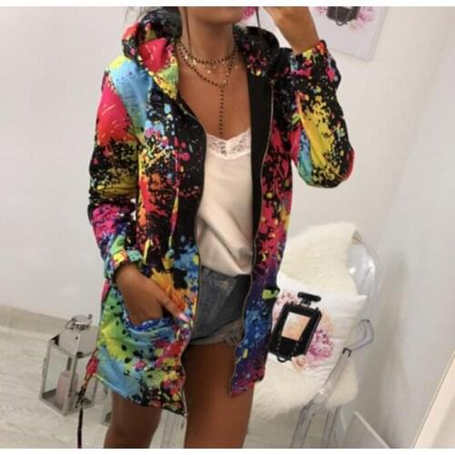 Women Fashion Tie Dyeing Print Outwear Sweatshirt Hooded Overcoat Coats and Jackets