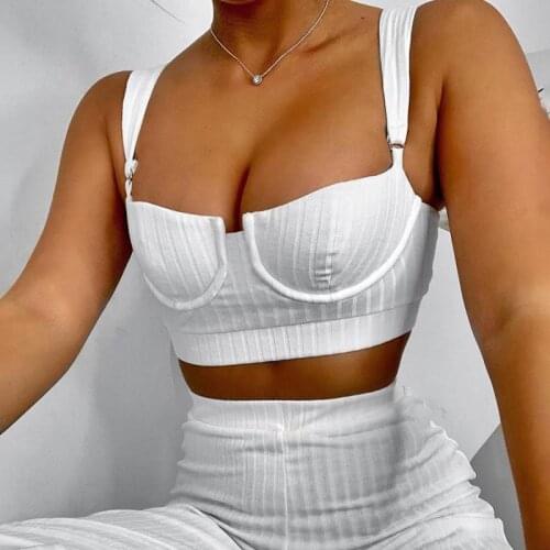 Fashion 2 Piece Set Women Ribbed Knitted Crop Top Camisole Flares Trousers Solid White Matching Suit Comfortable Outfit