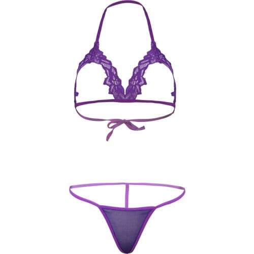 Womens Floral Lace Lingerie Suit Erotic Sexy Underwear Sleepwear Hollow Out Lace-up Open Cup Hot Bra with Mesh T-Back Briefs