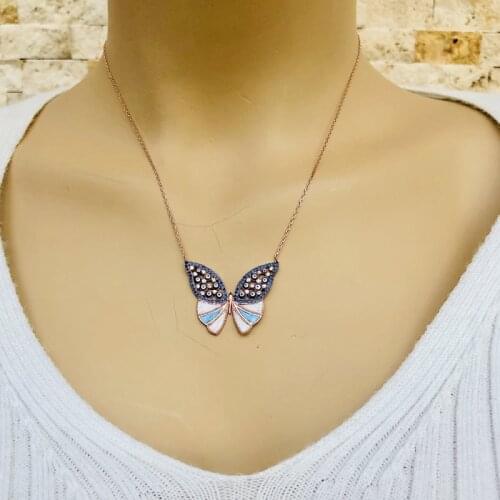 Blue Butterfly Evil Eye 925 Sterling Silver Necklace Women Girls Gift Jewelry Accessories Fashion Handmade Elegant Chain