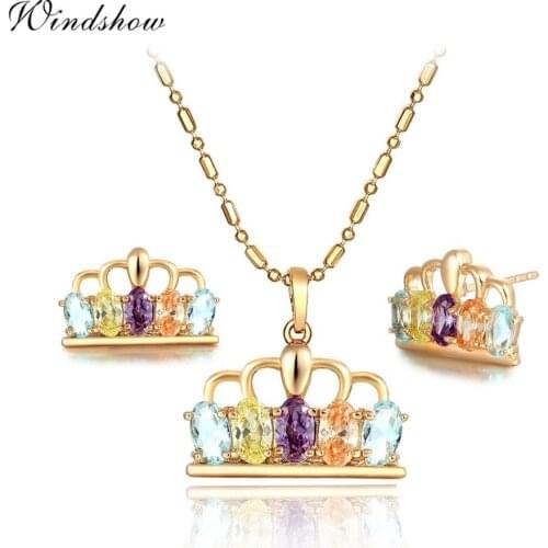 Cute Oval Rainbow Color CZ Crown Pendant Necklace Stud Earrings Jewelry Sets For Women Girls Kids Gold Color Party Jewelry