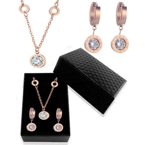 316L Stainless Steel Roman Numerals AAA Zircon Necklace Earring Set Colorless Ladies Jewelry Set Gift Box