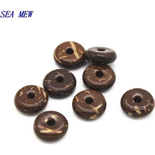 SEA MEW 100 PCS Natural Coconut Shell Beads 8mm 10mm 12mm Flat Beads Spacer Bead For Jewelry Making