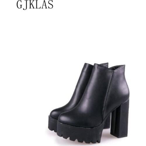 Woman High Heels Platform Ankle Boots Leather Combat Boots for Women Black Autumn Winter Shoes Women High Heel Platform Shoes