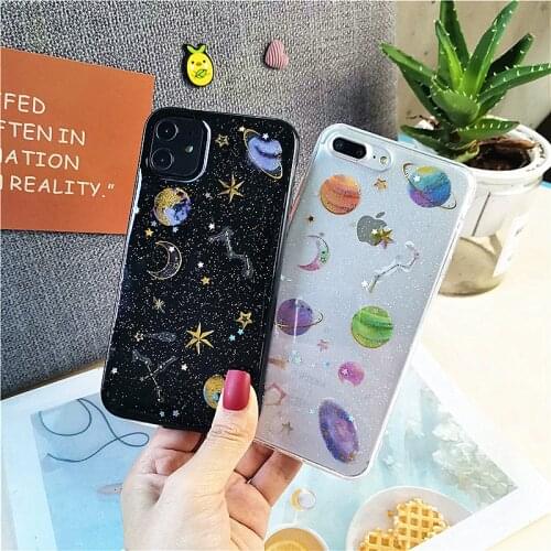 Lovebay Glitter Bling Stars Moon Phone Case For iPhone 11 12Pro SE 2020 X XR XS Max 7 8 6s Plus Clear Planet Soft TPU Back Cover