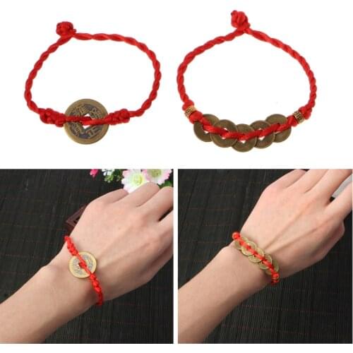Chinese Feng Shui Wealth Lucky Copper Coins Pendant Red String Bracelets
