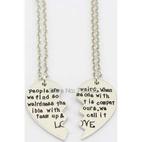 2015 new style broken heart 2 parts silver Letter pendant necklace LOVE Heart necklace Wholesale Jewelry