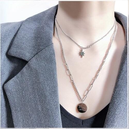 New No Fading Necklace Women Multilayer Stainless Steel Gold Silver Color Hexagram Coin Pendants Double Chain Choker Necklaces