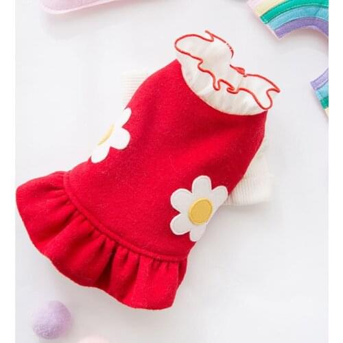 Red Colors Dog Dresses with Flower Decoration Warm Dog Coats for Autumn and Winter Two-Piece Set Pet Skirt for Small Dog Cat