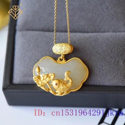 White Jade Carp Pendant 925 Silver Natural Gemstone Crystal Jewelry Charm Women Gifts Chinese Necklace Zircon Lotus Fashion