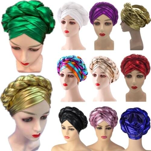 Colourful African Turban Cap Shiny Bonnets Ready Female Head Wraps Party Hats Headwear Fashion Dubai Nigerian Headtie Tradition
