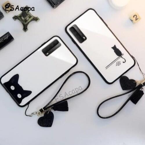 Tempered Glass Shockproof Back Phone Case For Huawei Y7A P Smart 2021 Cut Cat Tassel Lanyard Cover For Huawei Y8S Y7P Y6P 2020