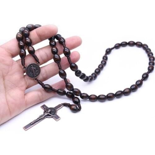 Unisex Religious Rosary Necklace Catholic Cross Pendants Dark Brown Wooden Rice Beads Chain Necklaces Christ Prayer Jewelry