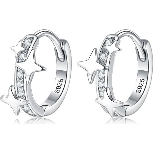 ZEMIOR 925 Sterling Silver Galaxy Star Earrings For Women Girl Small Hoop Earring Clear CZ Anti Allergy Silver Jewelry Ear Hoops