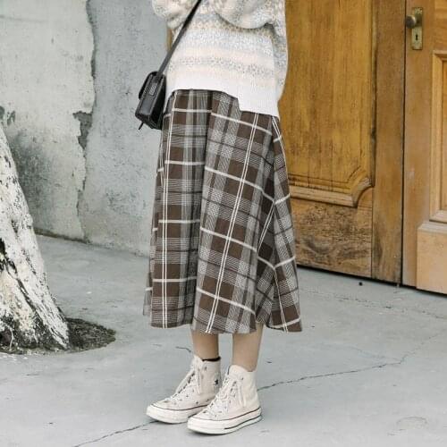 Female Saias Korean Ulzzang Streetwear Elegant Long Skirts New Japanese Harajuku Autumn Winter Women Midi Skirt High Waist Plaid