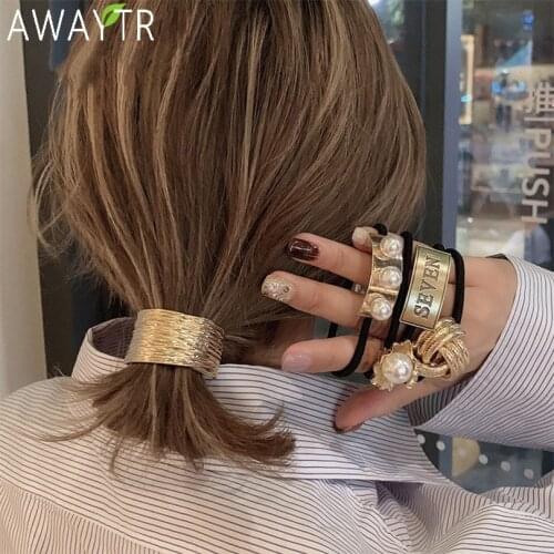 AWAYTR 2020 Fasgion Elatic Hair Band For Women Metal Crown Rubber Hairbands Elegant Pearl Scrunchie Hair Accessories Jewelry