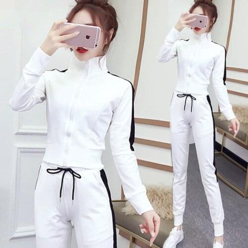 Womens Two-piece Plus Velvet/thin Autumn and Winter Korean Leisure Sports Two-piece Jacket Jacket Sweater Feet Pants Suit Women