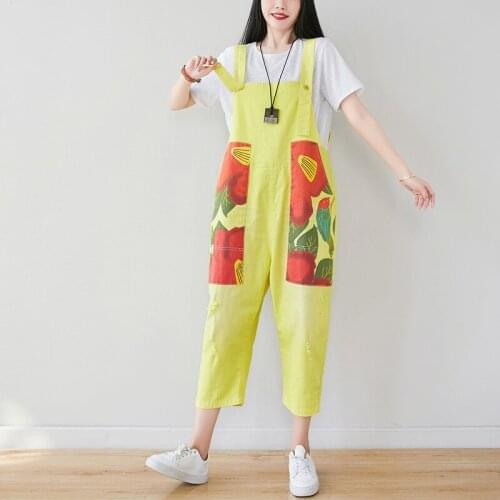Cute Printed Loose Denim Rompers Women Summer Plus Size Baggy Jean Jumpsuits Vintage Suspenders Cowboy Holes Overalls Pants