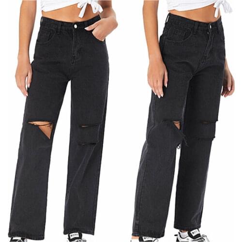 Womens Jeans Denim Trousers Black Casual High Waist Denim Pants Ladies Ripped Knee Straight Leg Trousers 2021 Woman Pants