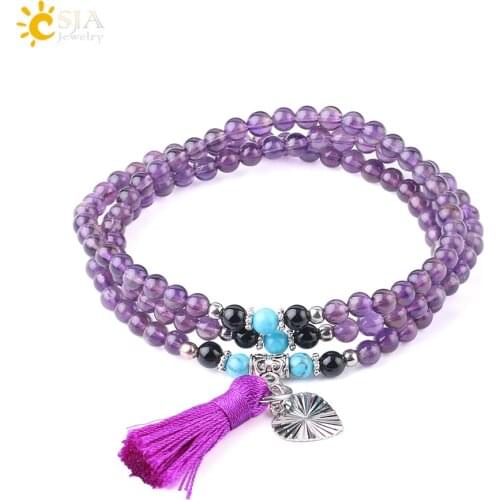 CSJA 4mm Multi-layer Bracelet for Women Natural Stone Round Bead Tassel Love Heart Charm Bracelets Reiki Quartz Men Bangles F567