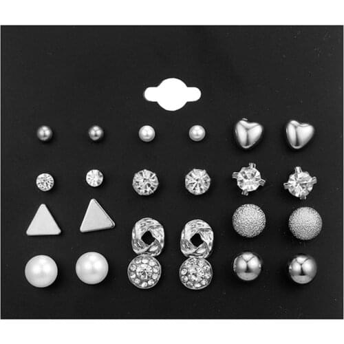 12 Pairs/Set Alloy Gold Silver Color Crystal Stud Earrings Set Piercing Earrings For Women Elegant Jewelry Fashion Gift