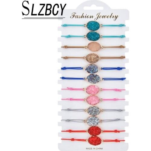 12pcs/set Natural Stone Drusy Charm Elastic Bracelet Set For Women Children Handmade Rope Chain Anklet Wristband Jewelry Fashion