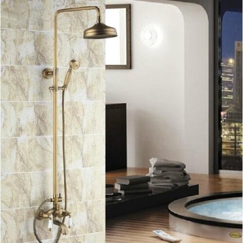 Antique Brass Wall Mounted Two handles Bathroom Rain & Hand & Tub Faucet Mixer Tap ars004