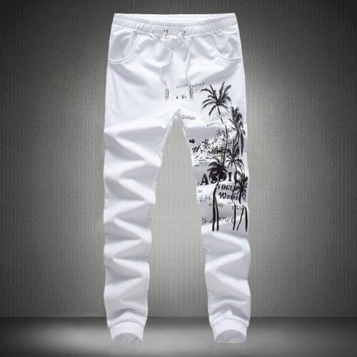 New Fashion Spring Long Pants Men Casual Coconut Island Printing Trousers For Men Chinese Style Pants Black White M-5XL