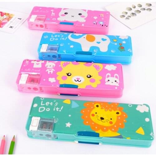 Double Cartoon Pencil Case Children Students Creativity Pencil Sharpener Cute Kawaii Stationery Gift Prize Back To School Anime