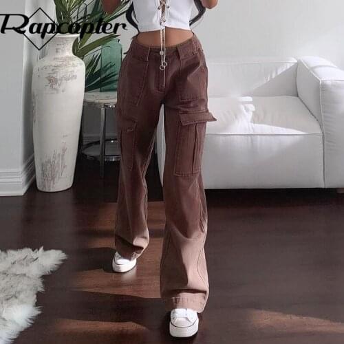 Rapcopter Brown Big Pockets Jeans y2k Harajuku Cargo Trousers Retro Denim Pants Women High Waisted Joggers Streetwear Mom Jeans